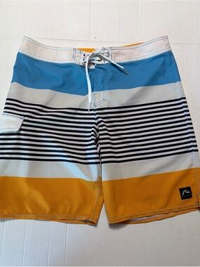 Rusty Board Shorts Mens 34 Blue Orange Striped Surf Swim Trunks Cargo Pocket